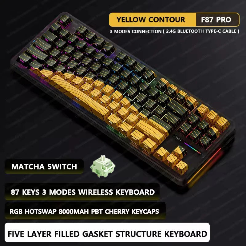 F87 Pro Mechanical Keyboard 2.4G/Usb/Bluetooth Tri Mode Wireless 87 Key Rgb Pbt Gasket 5 Layer Silencing Full Key No Impact