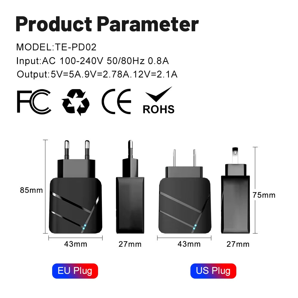Total 40W PD USB C Charger Quick Charge QC 3.0 Wall Charger Adapter for Iphone 14 13 Samsung Xiaomi USB Charger Fast Charging