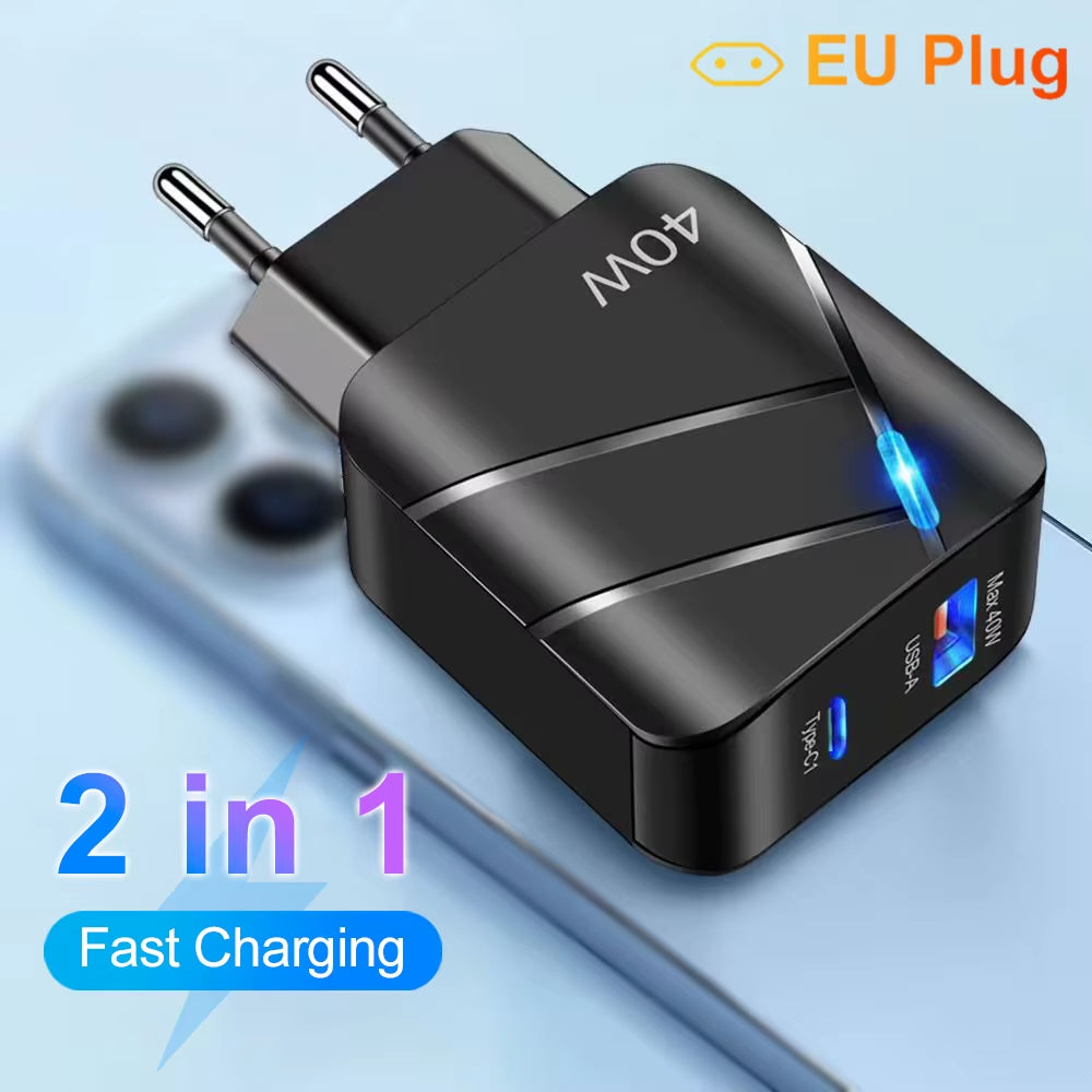 Total 40W PD USB C Charger Quick Charge QC 3.0 Wall Charger Adapter for Iphone 14 13 Samsung Xiaomi USB Charger Fast Charging