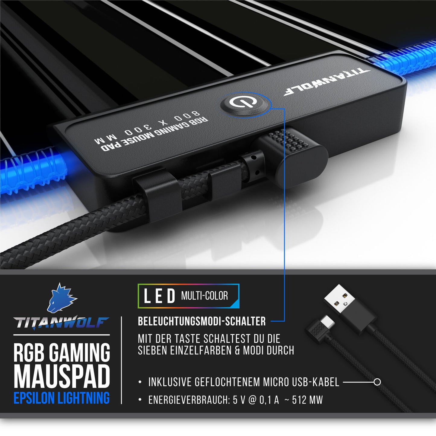 Titanwolf Lightning RGB Gaming Mauspad 800 X 300 X 4Mm Xl-Formal LED Multi Color